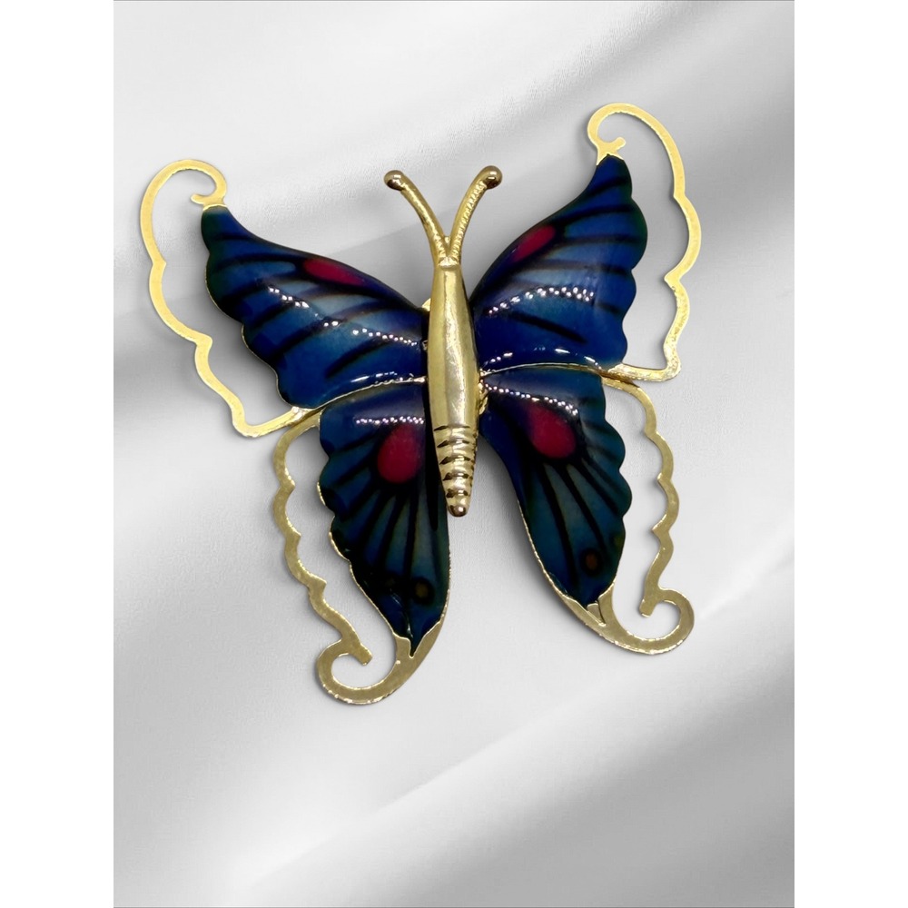 Vintage Gold Tone Blue Enamel Butterfly Brooch Pin Whimsical Nature Jewelry - Picture 5 of 9